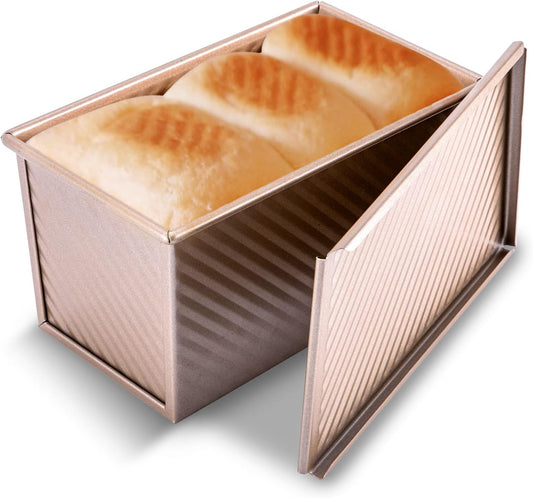 Pullman Loaf Pan with Lid, 1 lb Dough Capacity Non-Stick Bakeware for Baking Bread, Carbon Steel Corrugated Bread Toast Box Mold with Cover for Baking Bread