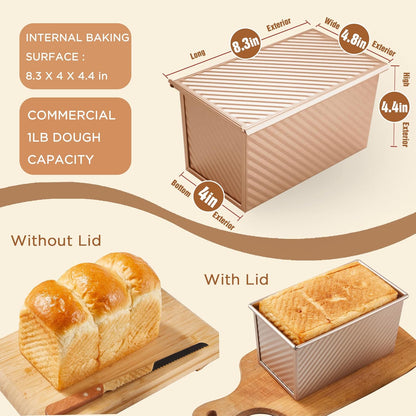 Pullman Loaf Pan with Lid, 1 lb Dough Capacity Non-Stick Bakeware for Baking Bread, Carbon Steel Corrugated Bread Toast Box Mold with Cover for Baking Bread