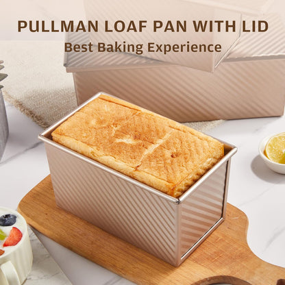 Pullman Loaf Pan with Lid, 1 lb Dough Capacity Non-Stick Bakeware for Baking Bread, Carbon Steel Corrugated Bread Toast Box Mold with Cover for Baking Bread